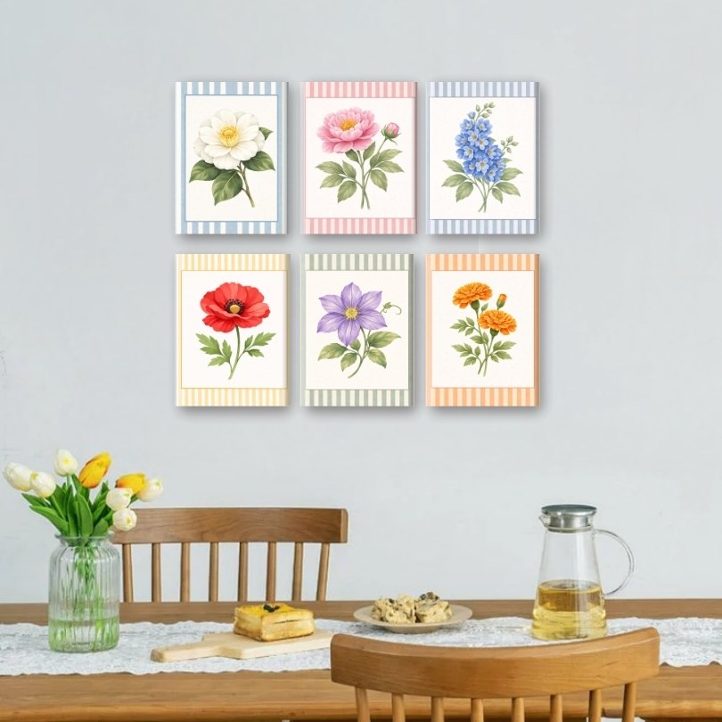 6 Mini-Gemälde | Gestreiftes Blumen-Set