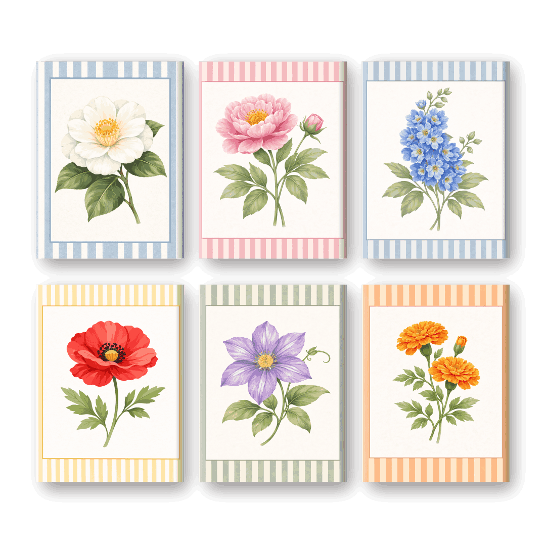 6 Mini-Gemälde | Gestreiftes Blumen-Set - Malen nach Zahlen
