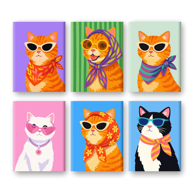 6 Mini-Gemälde | Stilvolle Katzen Set-Malen nach zahlen