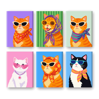 6 Mini-Gemälde | Stilvolle Katzen Set-Malen nach zahlen