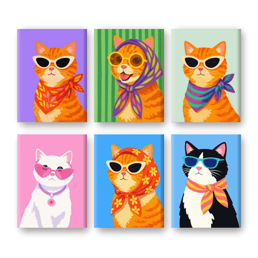 6 Mini-Gemälde | Stilvolle Katzen Set-Malen nach zahlen