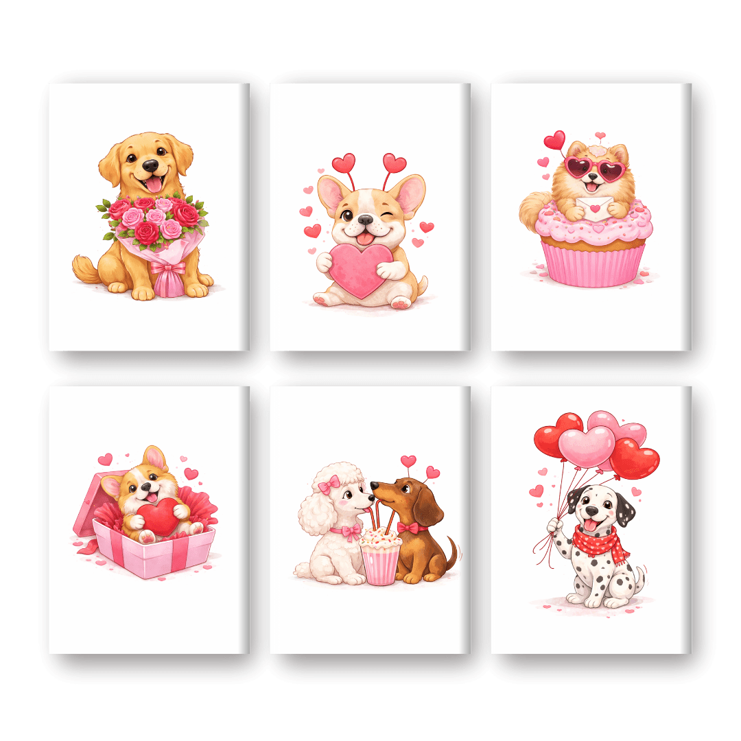 6 Mini-Gemälde | Valentinstags Hunde Set-Malen nach zahlen