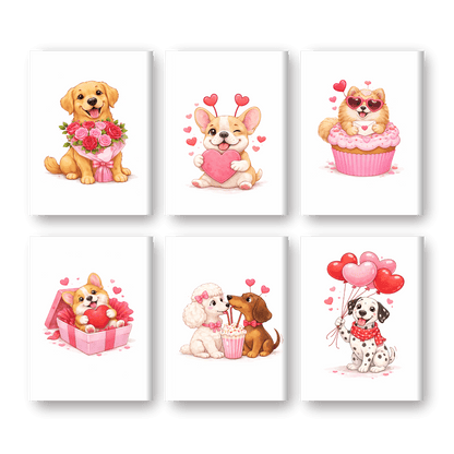 6 Mini-Gemälde | Valentinstags Hunde Set-Malen nach zahlen