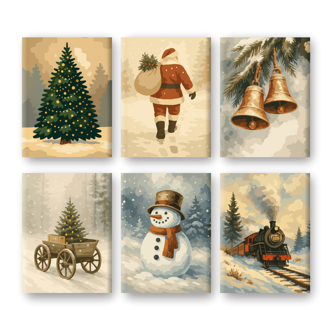 6 Mini-Gemälde | Vintage Weihnachten Set-Malen nach zahlen