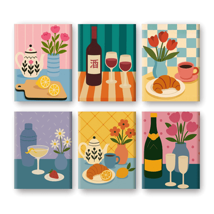 6 Mini-Gemälde | Vintage Küchen Set-Malen nach zahlen