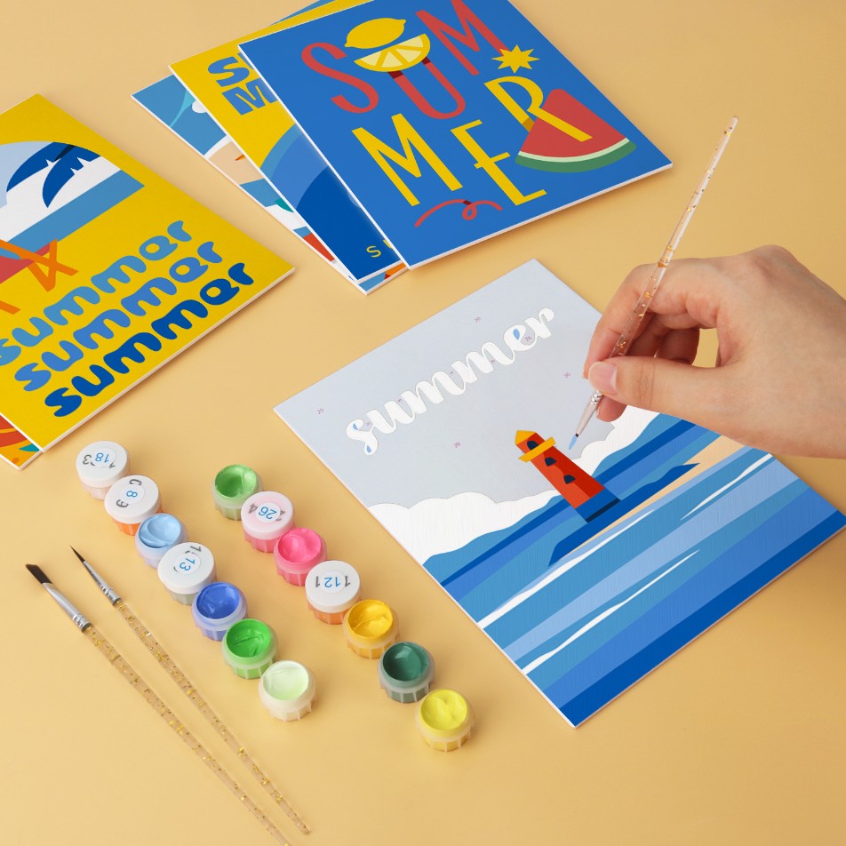 6 Mini-Gemälde auf Holzplatte – Sommerlicher Sonnenuntergang Set