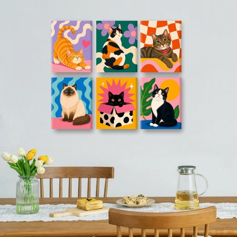 6 Mini-Gemälde | Katzenfreunde Set