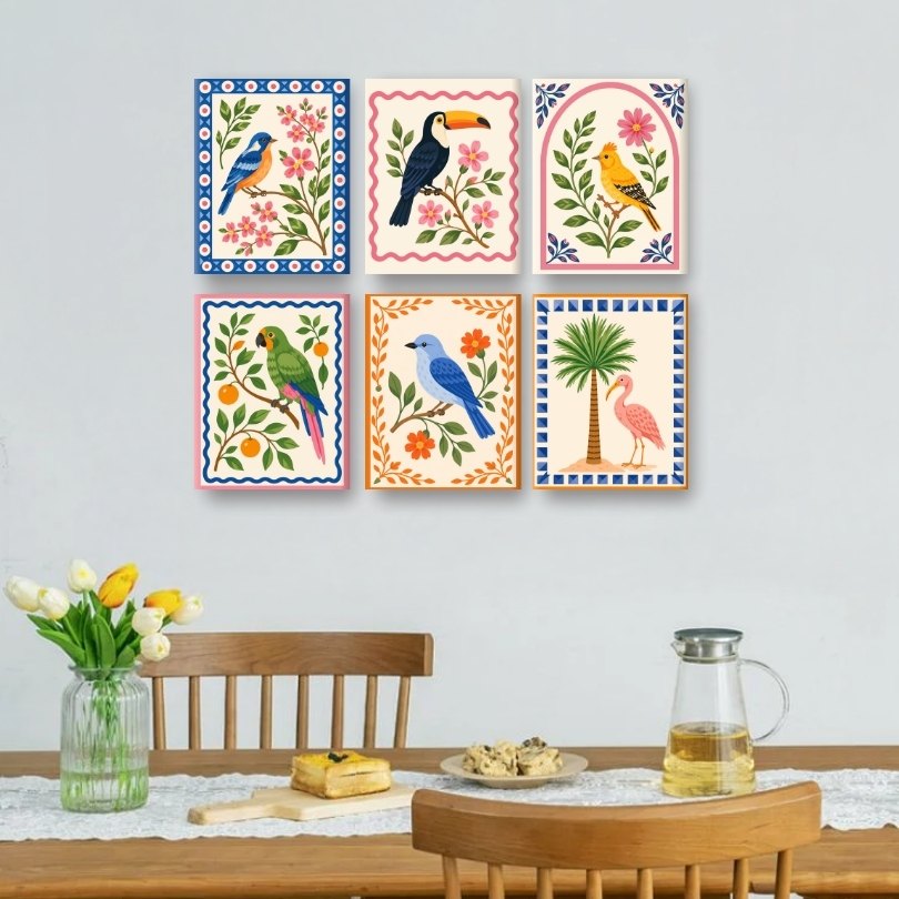 6 Mini-Gemälde | Tropische Vögel Set