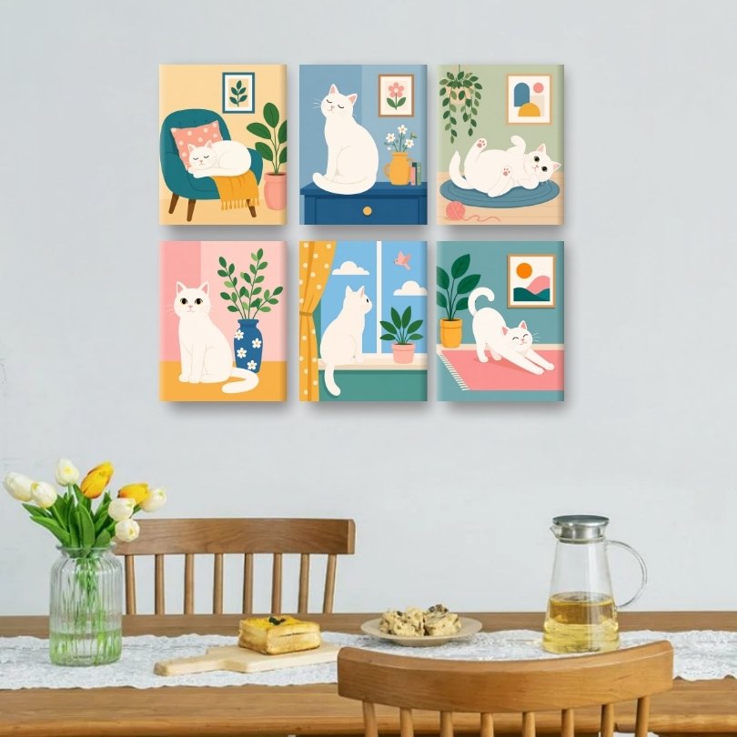 6 Mini-Gemälde | Verträumte Katzen Set