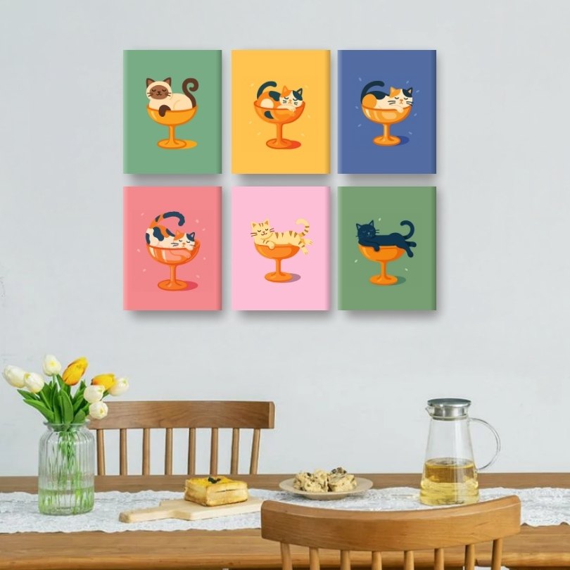6 Mini-Gemälde | Cocktail Katzen Set