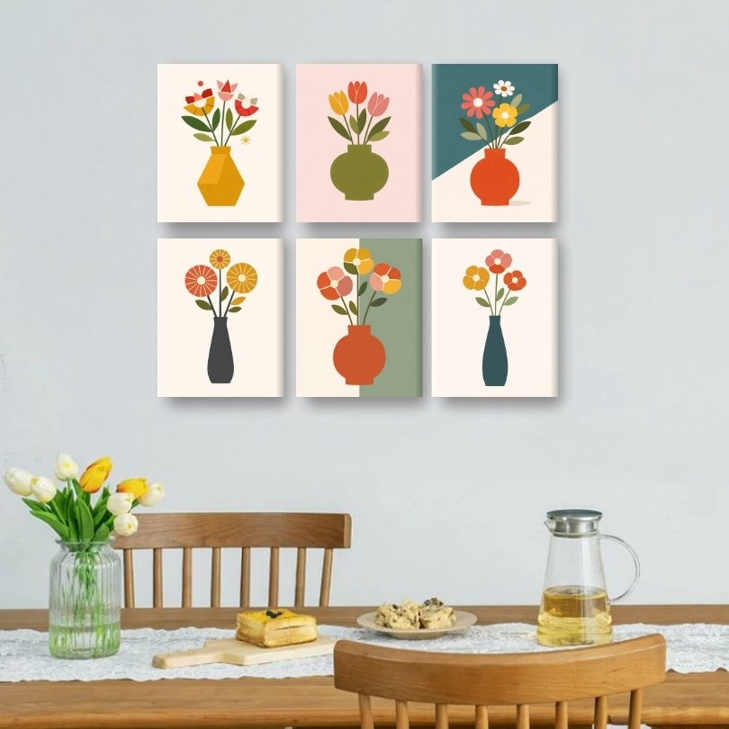 6 Mini-Gemälde | Elegante Blumenvasen Set