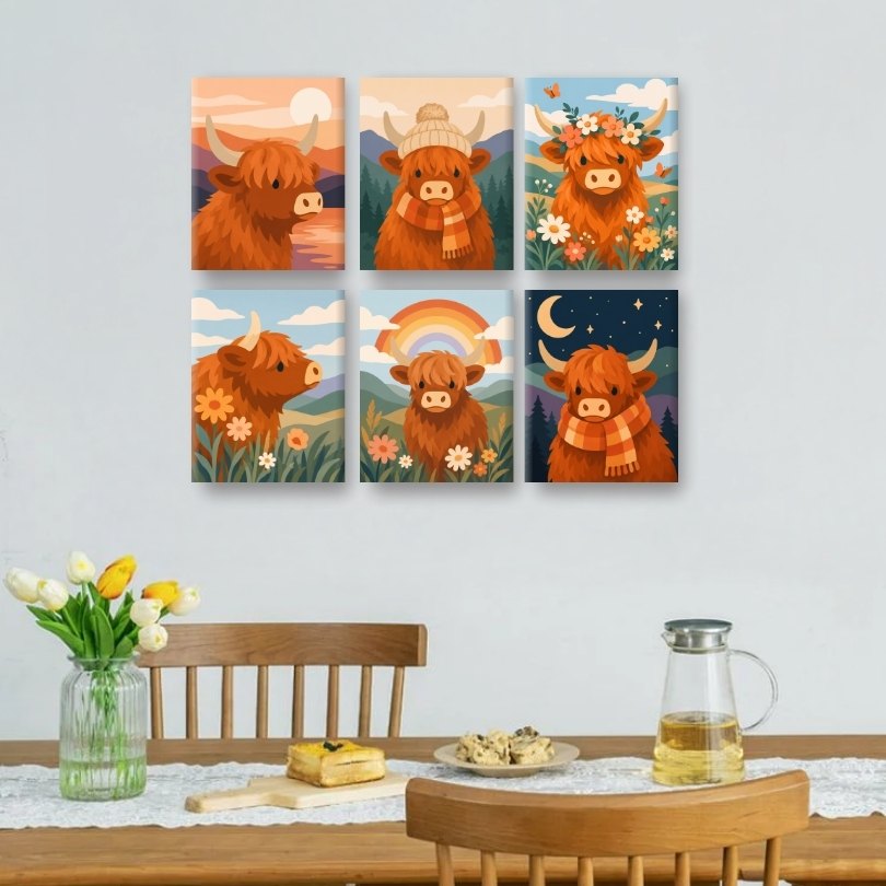 6 Mini-Gemälde | Hochlandrinder Set