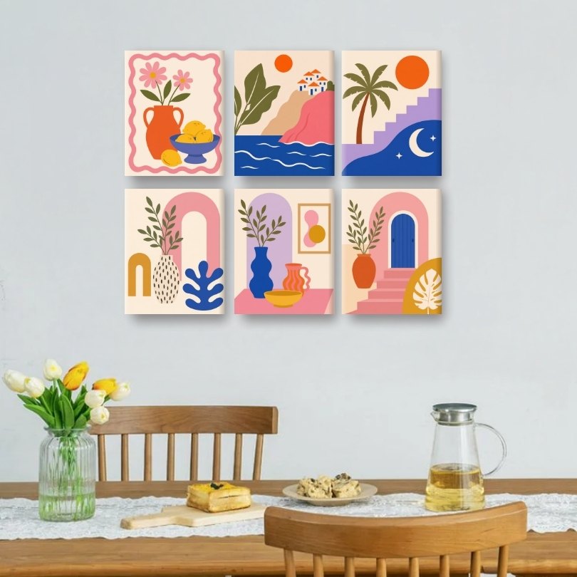 6 Mini-Gemälde | Rosa Bögen Set