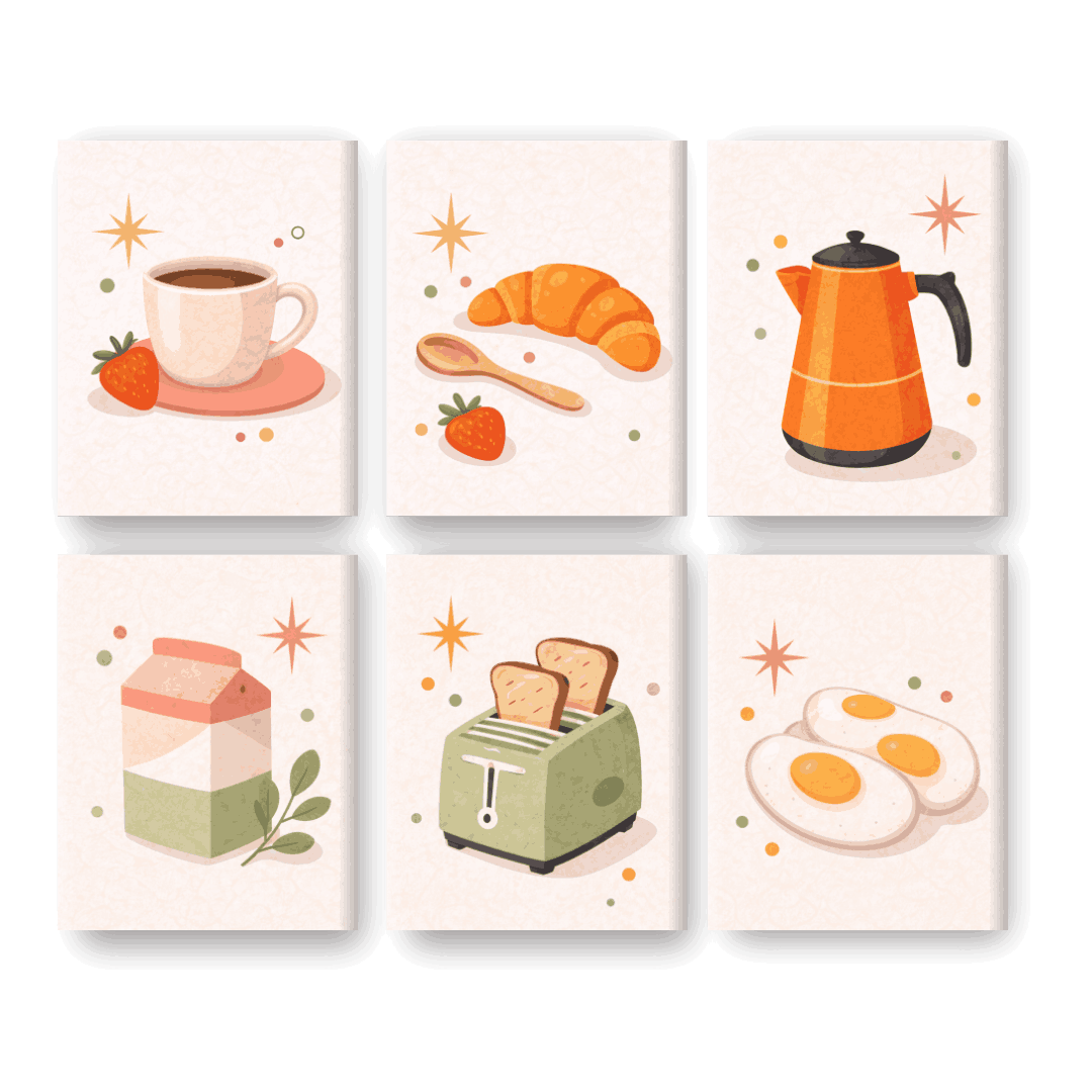6 Mini-Gemälde | Frühstück & Küche Set - Malen nach Zahlen