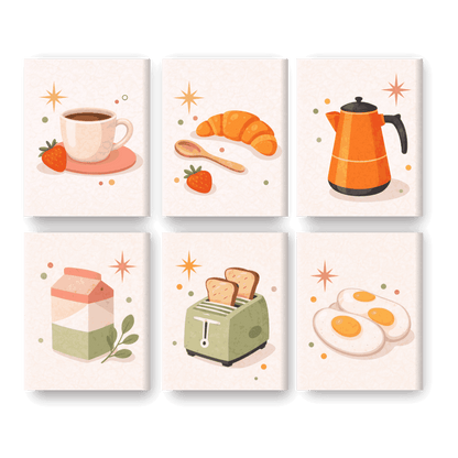6 Mini-Gemälde | Frühstück & Küche Set - Malen nach Zahlen