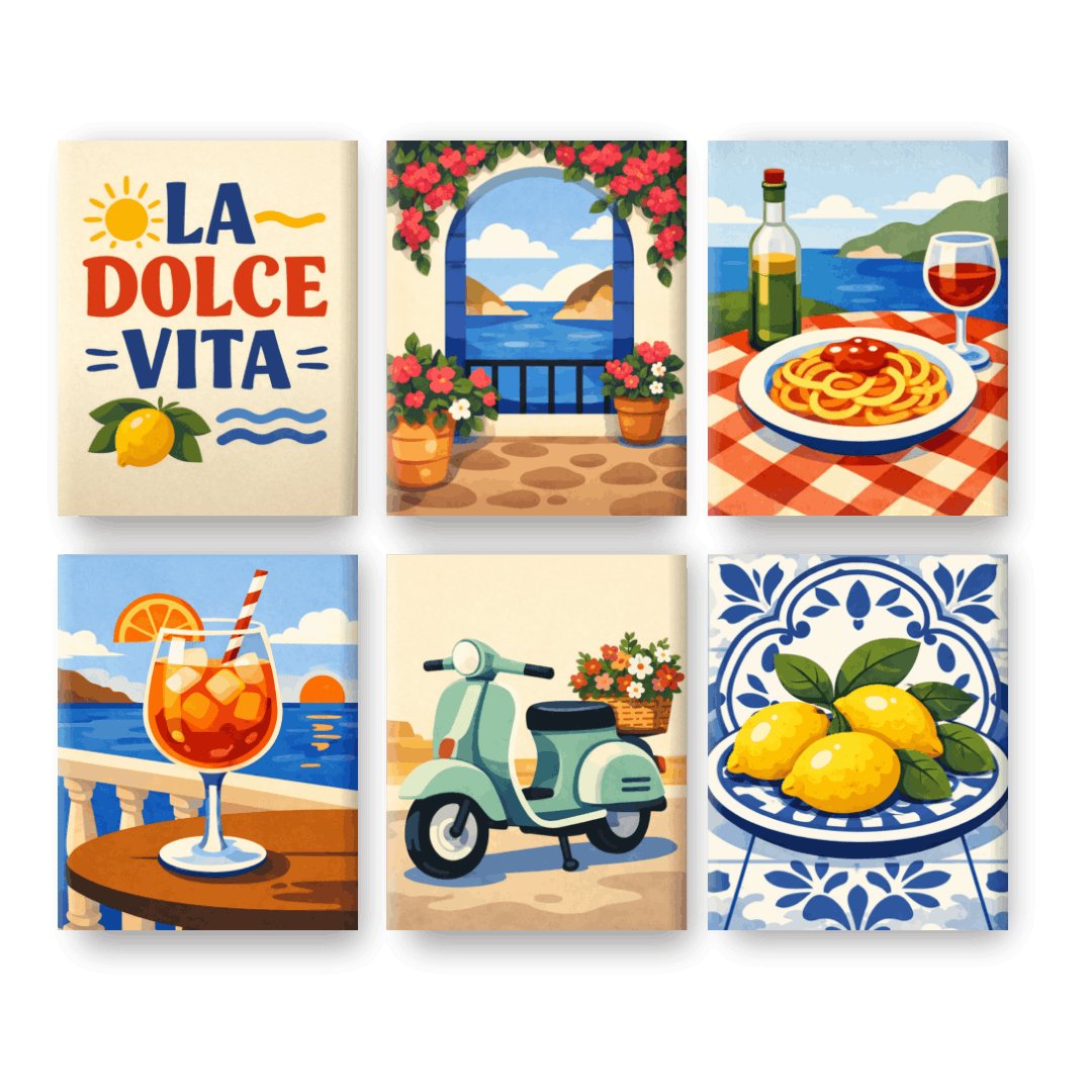 6 Mini-Gemälde | Dolce Vita Momente Set - Malen nach Zahlen