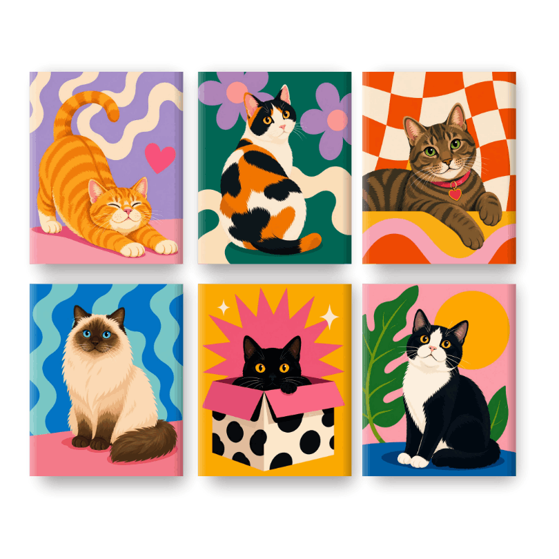 6 Mini-Gemälde | Katzenfreunde Set - Malen nach Zahlen