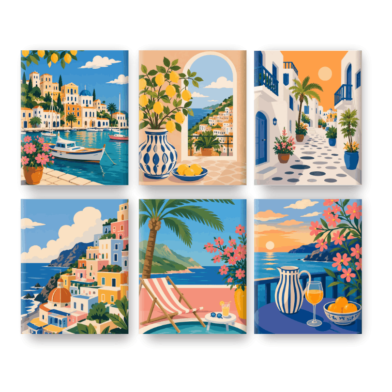 6 Mini-Gemälde | Mediterraner Traum Set - Malen nach Zahlen