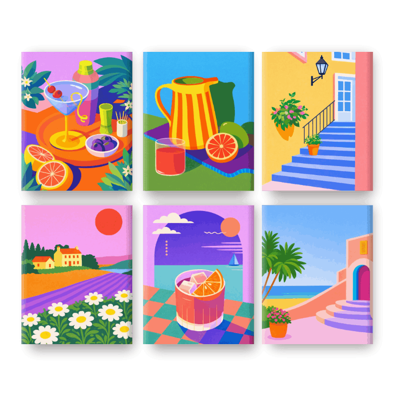 6 Mini-Gemälde | Farbenfroher Sommer Set - Malen nach Zahlen