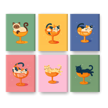 6 Mini-Gemälde | Cocktail Katzen Set - Malen nach Zahlen