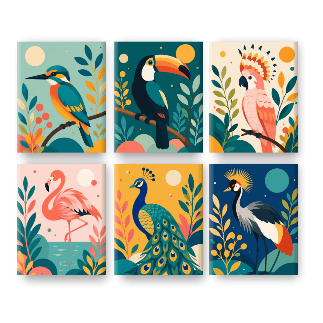 6 Mini-Gemälde | Exotische Vögel Set - Malen nach Zahlen