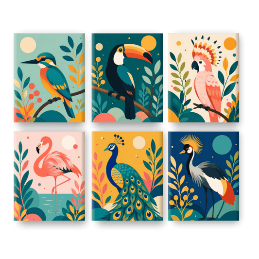 6 Mini-Gemälde | Exotische Vögel Set - Malen nach Zahlen