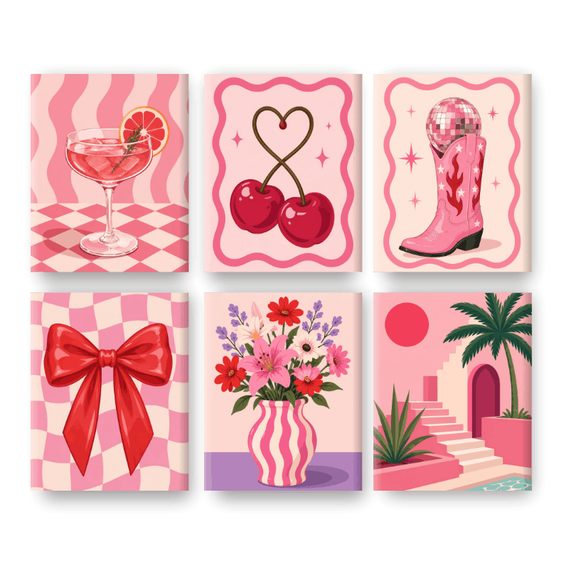 6 Mini-Gemälde | Hübsch in Rosa Set - Malen nach Zahlen