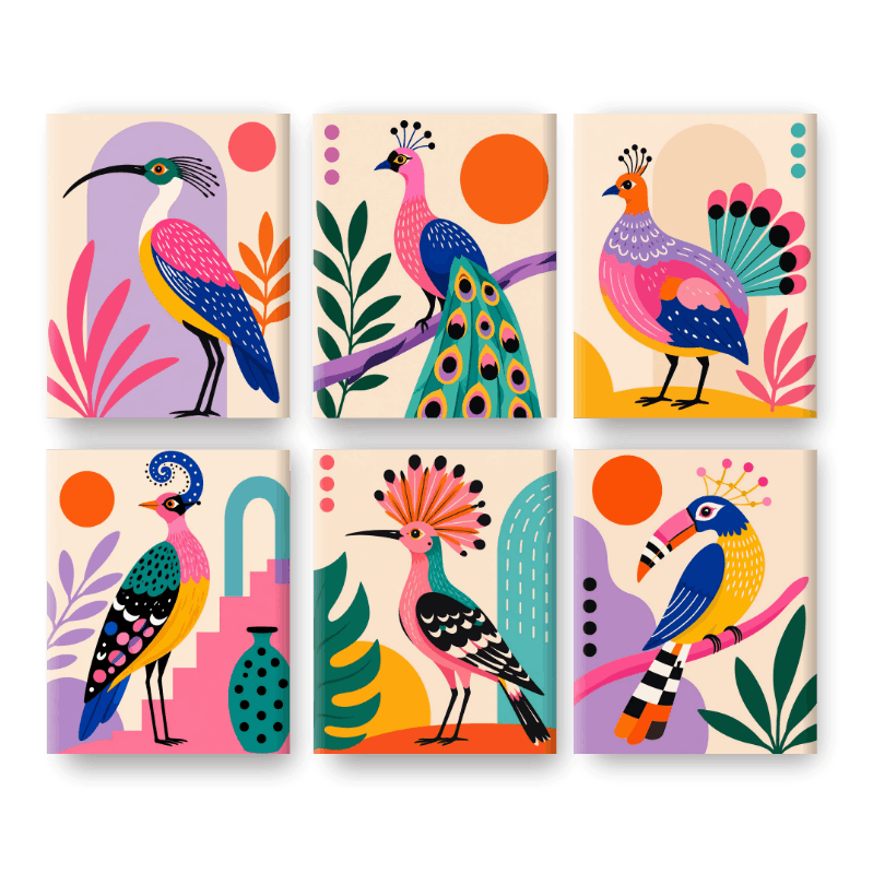6 Mini-Gemälde | Volkskunst Vögel Set - Malen nach Zahlen