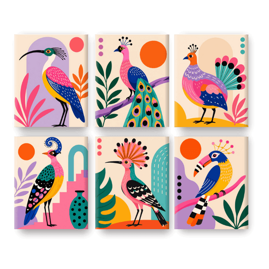 6 Mini-Gemälde | Volkskunst Vögel Set - Malen nach Zahlen