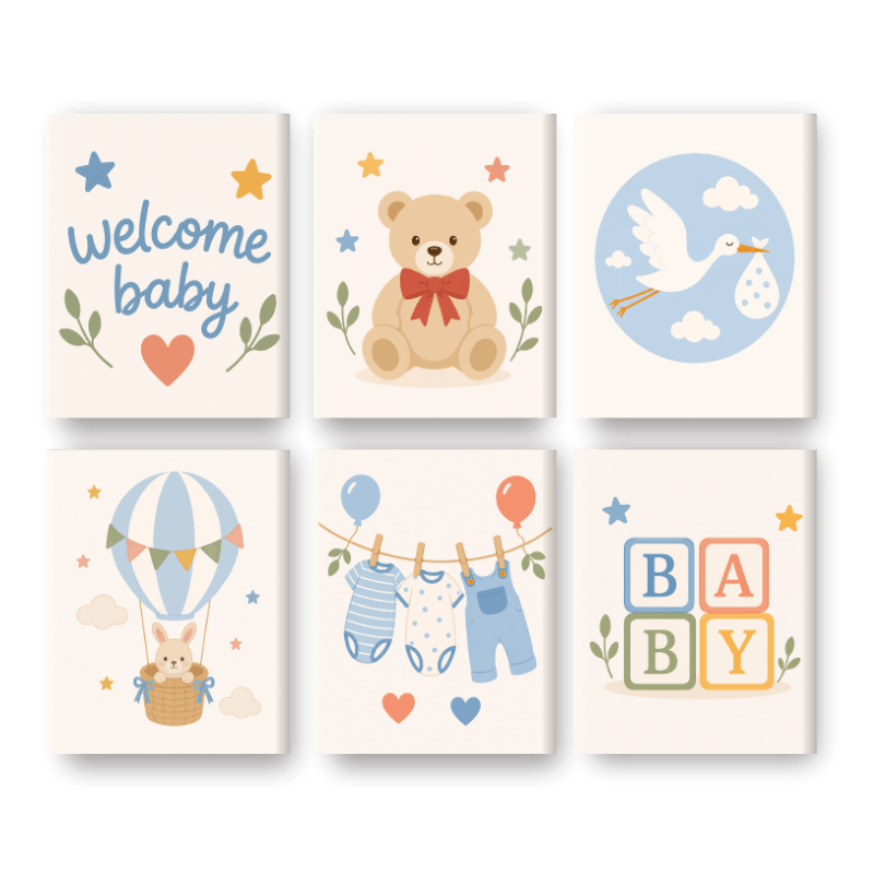 6 Mini-Gemälde | Willkommen Baby Set - Malen nach Zahlen