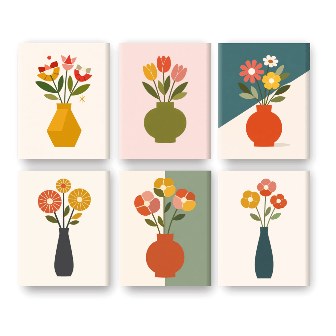 6 Mini-Gemälde | Elegante Blumenvasen Set - Malen nach Zahlen