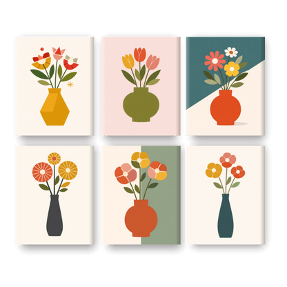 6 Mini-Gemälde | Elegante Blumenvasen Set - Malen nach Zahlen