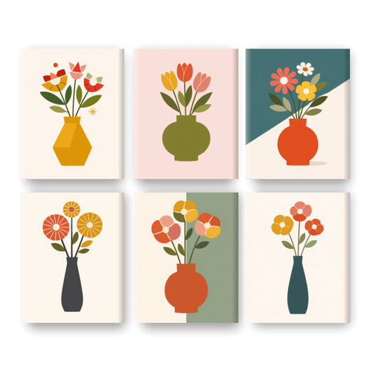 6 Mini-Gemälde | Elegante Blumenvasen Set - Malen nach Zahlen