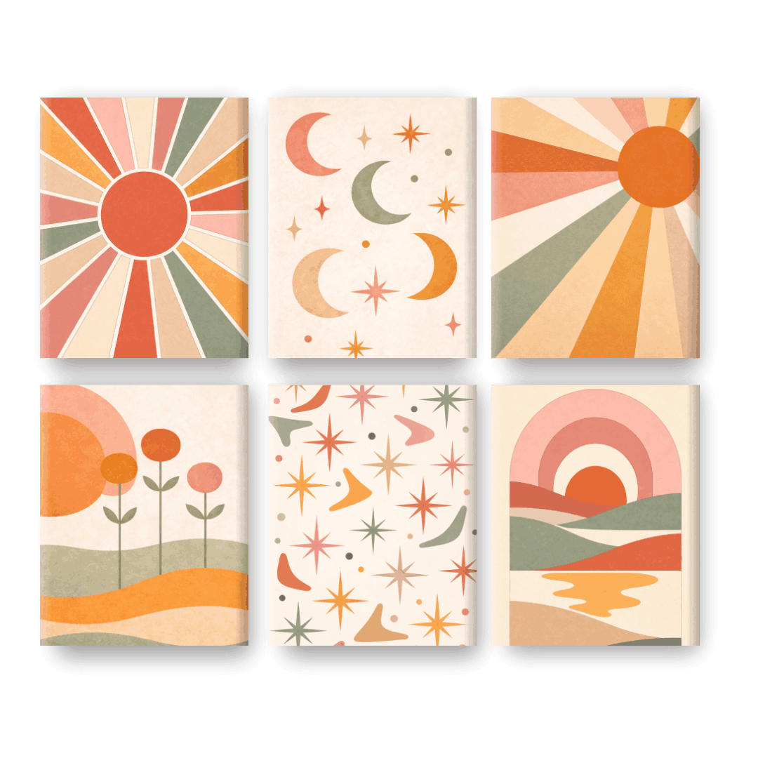 6 Mini-Gemälde | Boho Sonnenuntergang Set - Malen nach Zahlen