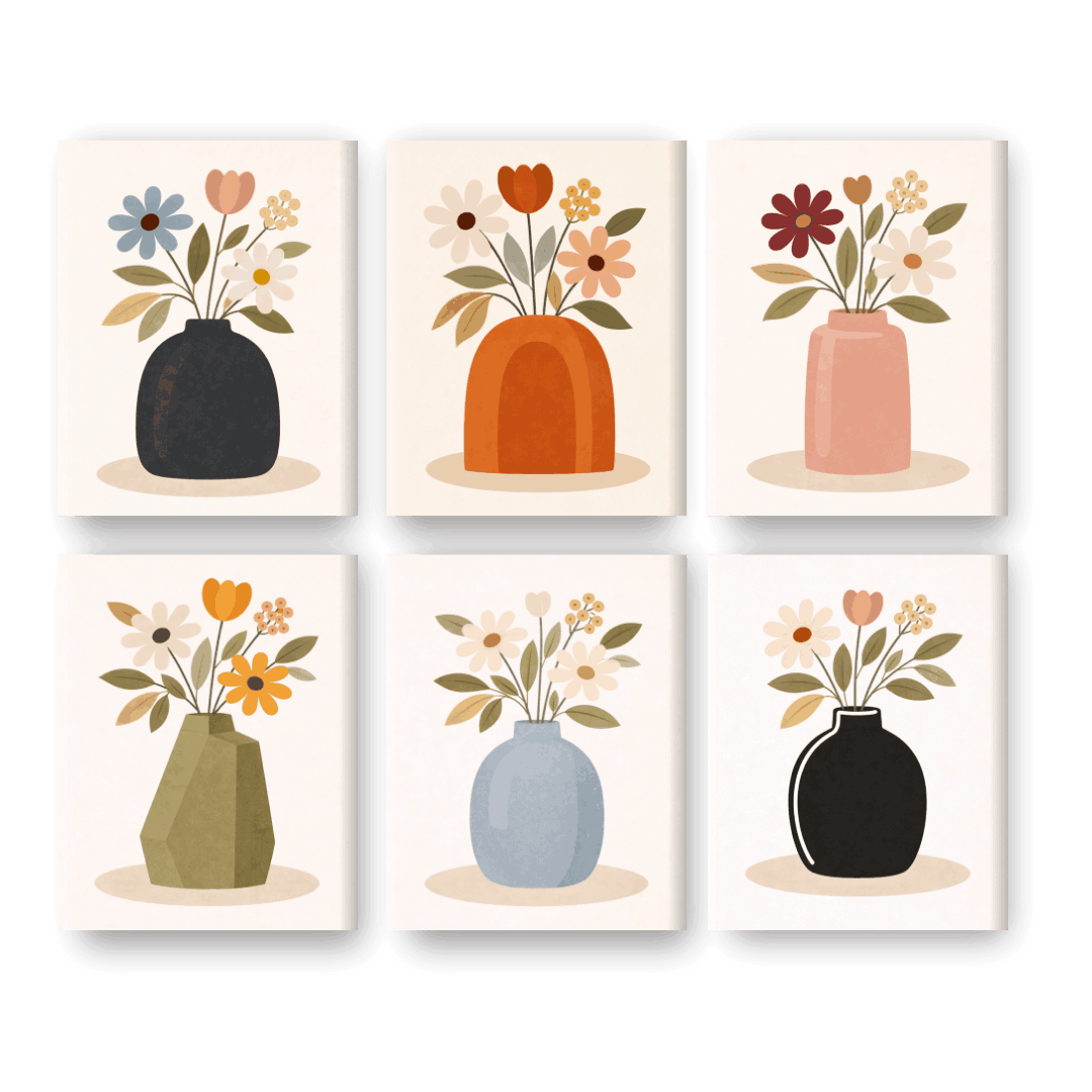 6 Mini-Gemälde | Bunte Blumenvasen Set - Malen nach Zahlen
