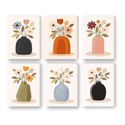 6 Mini-Gemälde | Bunte Blumenvasen Set - Malen nach Zahlen
