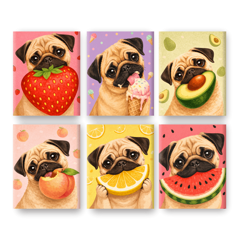 6 Mini-Gemälde | Hund & Obst Set - Malen nach Zahlen