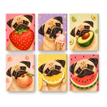6 Mini-Gemälde | Hund & Obst Set - Malen nach Zahlen