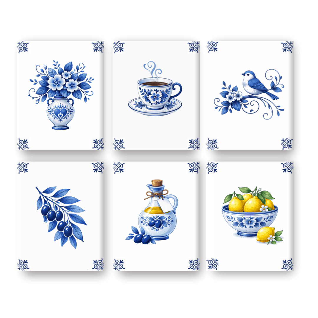 6 Mini-Gemälde | Delft-Blau Set - Malen nach Zahlen