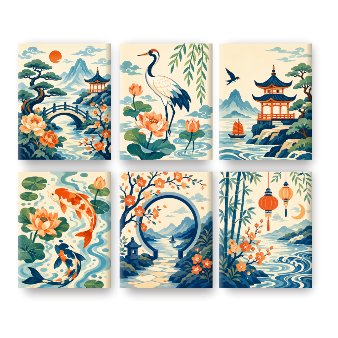 6 Mini-Gemälde | Chinesische Laternen Set - Malen nach Zahlen