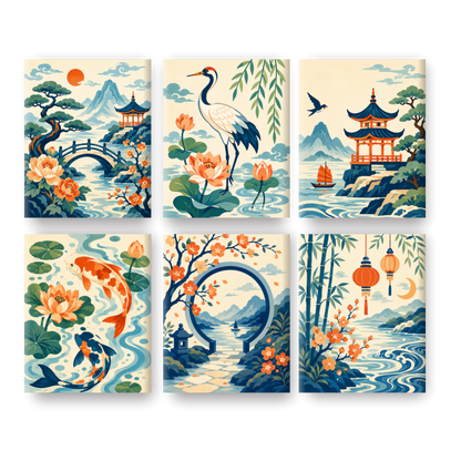 6 Mini-Gemälde | Chinesische Laternen Set - Malen nach Zahlen