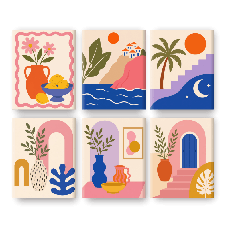 6 Mini-Gemälde | Rosa Bögen Set - Malen nach Zahlen