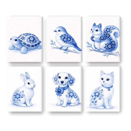 6 Mini-Gemälde | Delfter Blaue Tier Set - Malen nach Zahlen