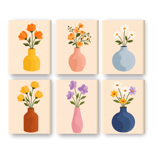 6 Mini-Gemälde | Blumen & Vasen Set - Malen nach Zahlen