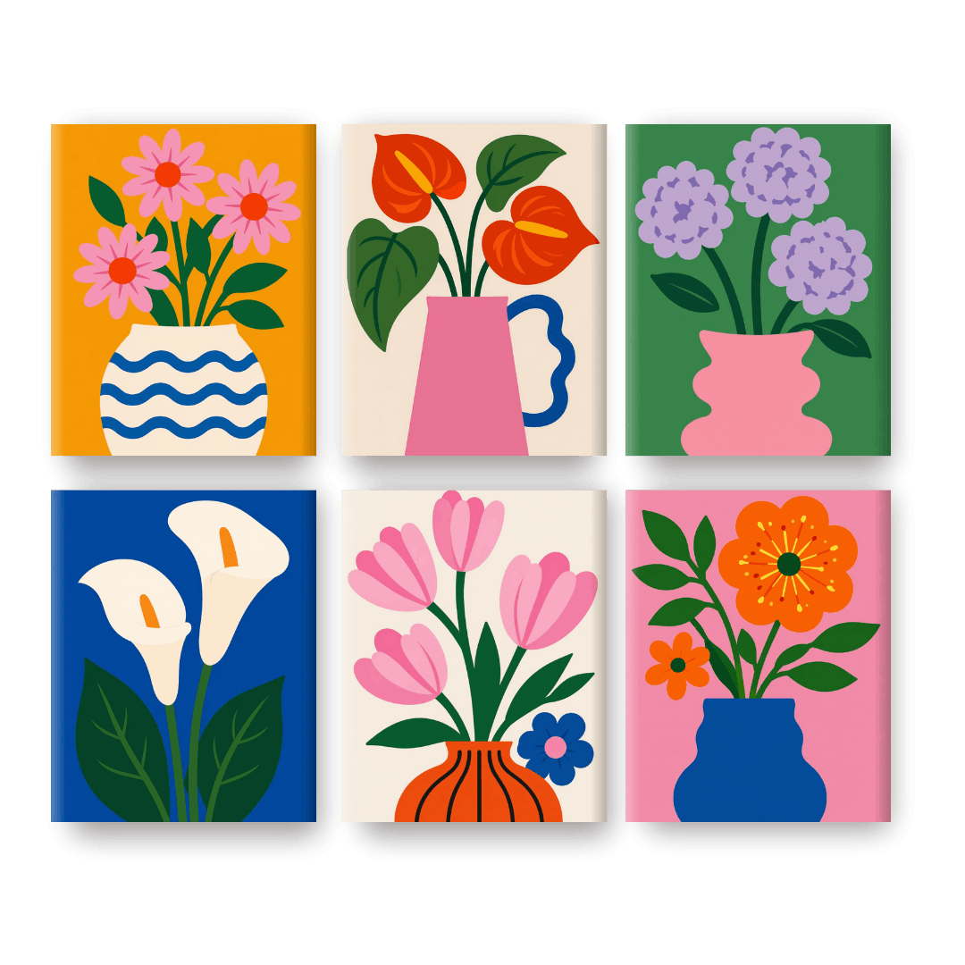 6 Mini-Gemälde | Moderne Blumenvasen Set - Malen nach Zahlen