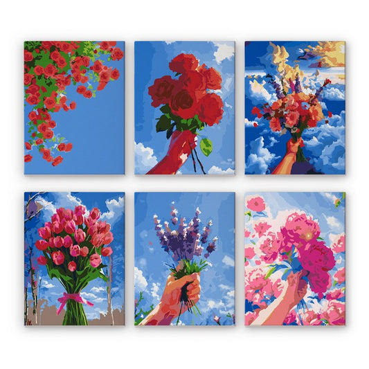 Malen nach Zahlen – 6 Mini-Gemälde | Blumensträuße im Himmel-Set-Malen nach zahlen
