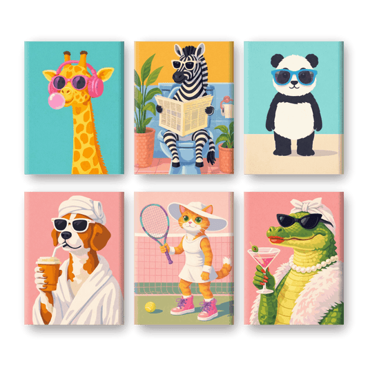 6 Mini-Gemälde | Funky Tiere Set-Malen nach zahlen