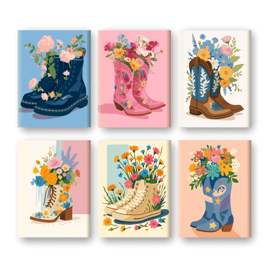 6 Mini-Gemälde | Blumenstiefel Set-Malen nach zahlen