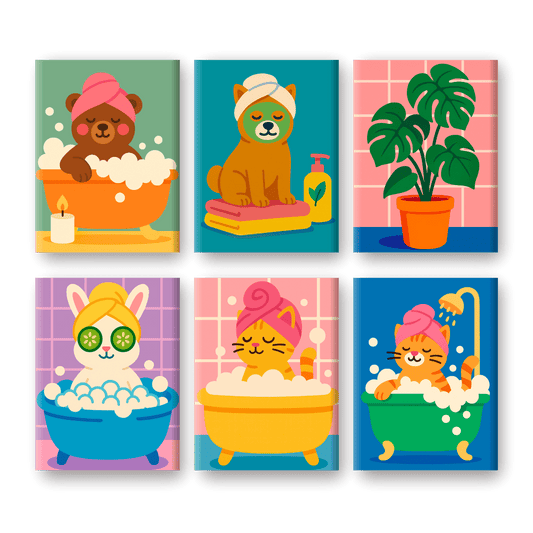 6 Mini-Gemälde | Badezimmer Tiere Set-Malen nach zahlen
