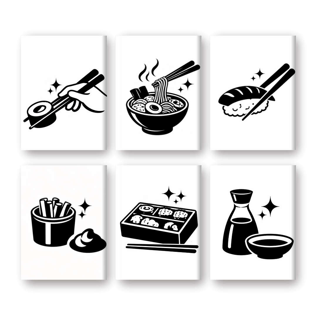 6 Mini-Gemälde | Schwarz-Weiß-Sushi Set-Malen nach zahlen